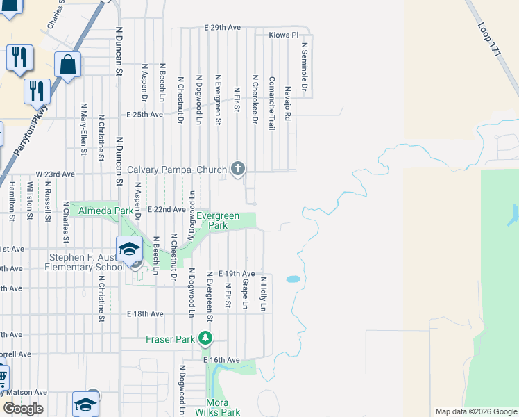 map of restaurants, bars, coffee shops, grocery stores, and more near East 20th Avenue in Pampa
