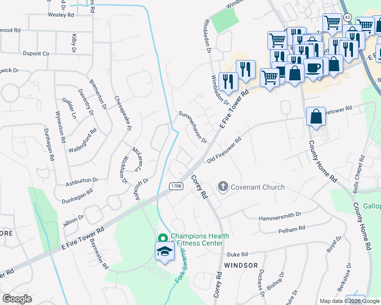 map of restaurants, bars, coffee shops, grocery stores, and more near 1216 East Fire Tower Road in Greenville