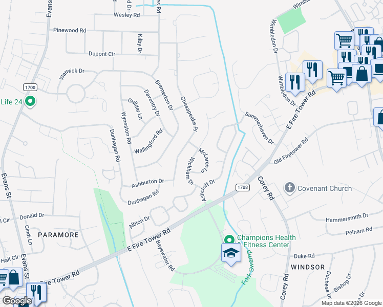 map of restaurants, bars, coffee shops, grocery stores, and more near 917 Chesapeake Place in Greenville