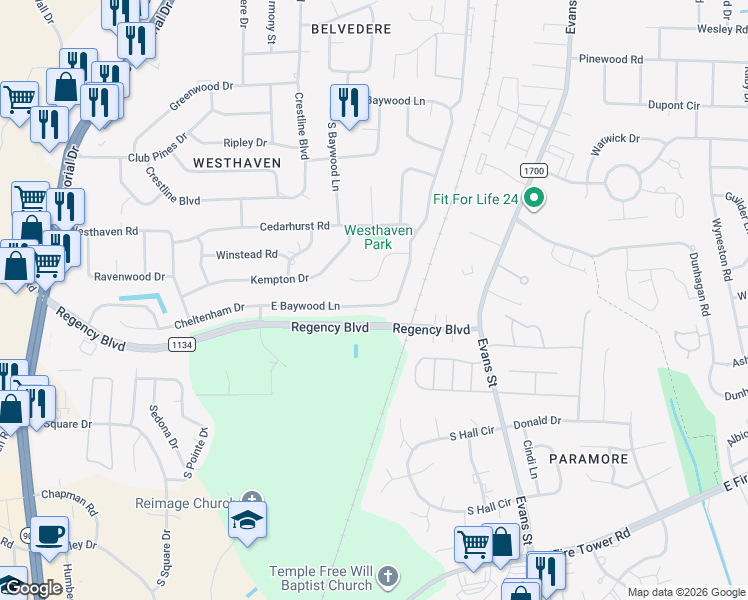 map of restaurants, bars, coffee shops, grocery stores, and more near 106 Regency Boulevard in Greenville