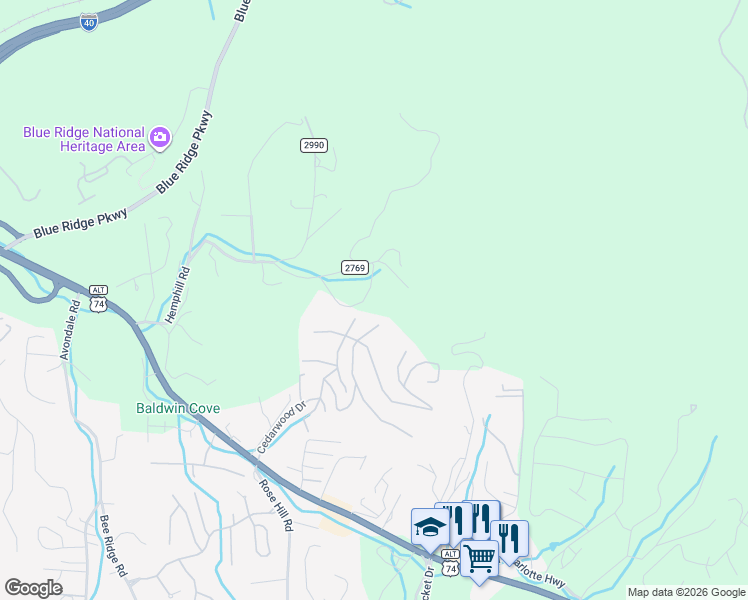 map of restaurants, bars, coffee shops, grocery stores, and more near 2 Skyview Court in Asheville