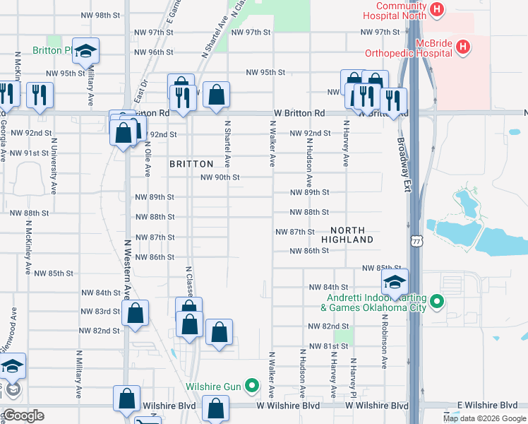 map of restaurants, bars, coffee shops, grocery stores, and more near 444 Northwest 88th Street in Oklahoma City