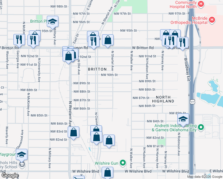 map of restaurants, bars, coffee shops, grocery stores, and more near 704 Northwest 88th Street in Oklahoma City