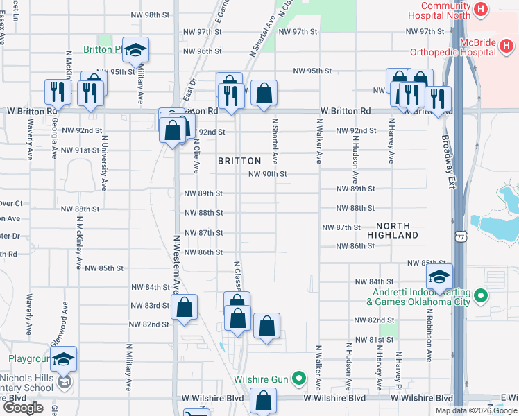 map of restaurants, bars, coffee shops, grocery stores, and more near 704 Northwest 88th Street in Oklahoma City
