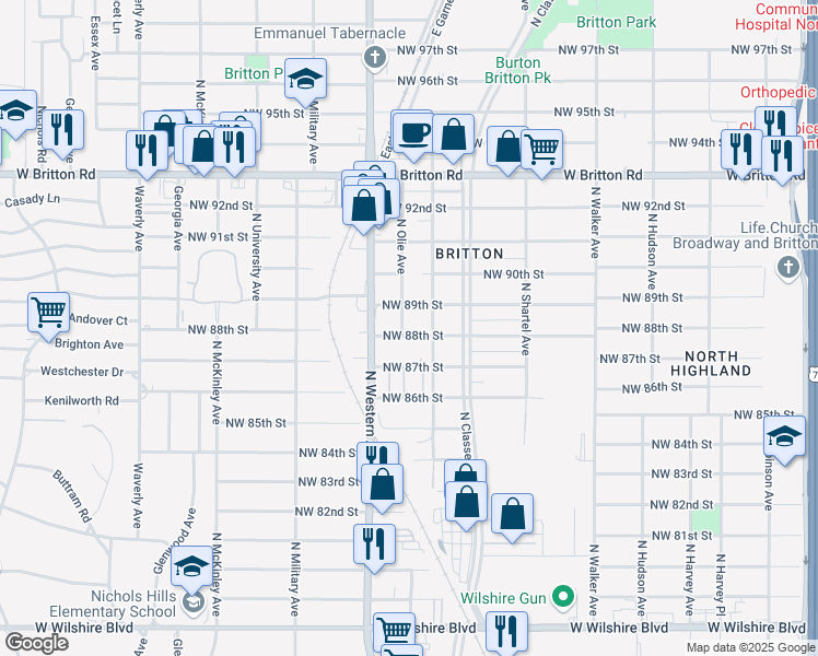map of restaurants, bars, coffee shops, grocery stores, and more near 920 Northwest 88th Street in Oklahoma City
