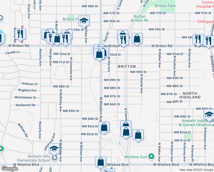 map of restaurants, bars, coffee shops, grocery stores, and more near 920 Northwest 88th Street in Oklahoma City