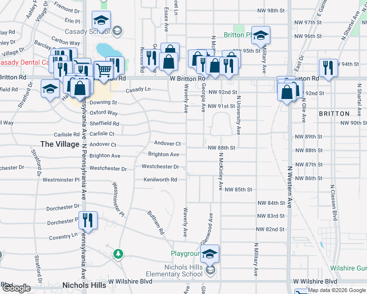 map of restaurants, bars, coffee shops, grocery stores, and more near 1301 Brighton Avenue in The Village