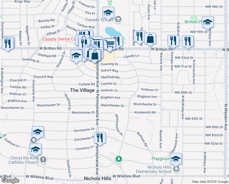 map of restaurants, bars, coffee shops, grocery stores, and more near 1602 Andover Court in The Village
