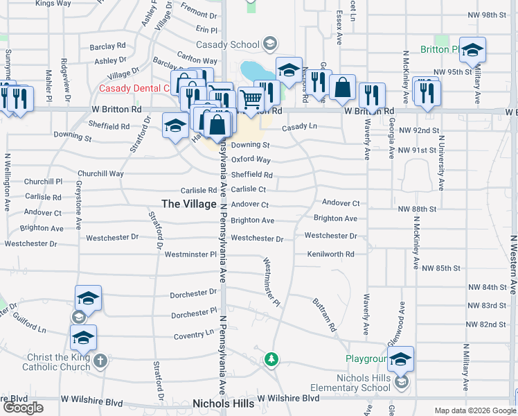 map of restaurants, bars, coffee shops, grocery stores, and more near 1602 Andover Court in The Village