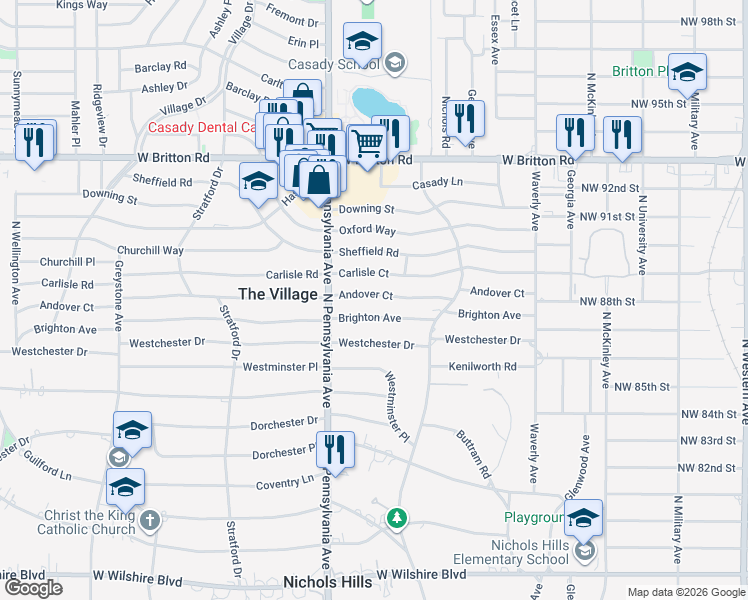 map of restaurants, bars, coffee shops, grocery stores, and more near 1620 Andover Court in The Village