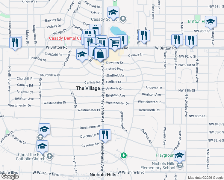 map of restaurants, bars, coffee shops, grocery stores, and more near 1620 Andover Court in The Village