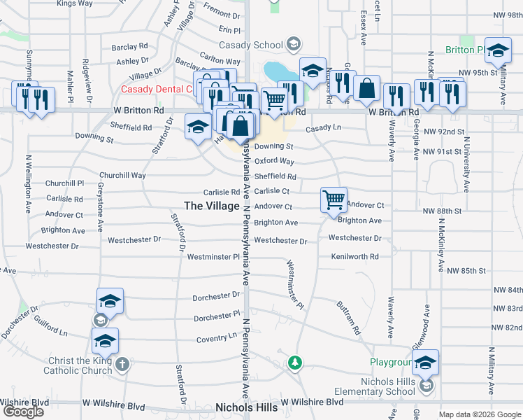 map of restaurants, bars, coffee shops, grocery stores, and more near 1620 Andover Court in The Village
