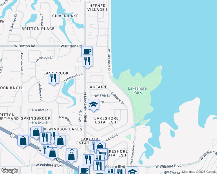 map of restaurants, bars, coffee shops, grocery stores, and more near 8808 Lakeaire Drive in Oklahoma City