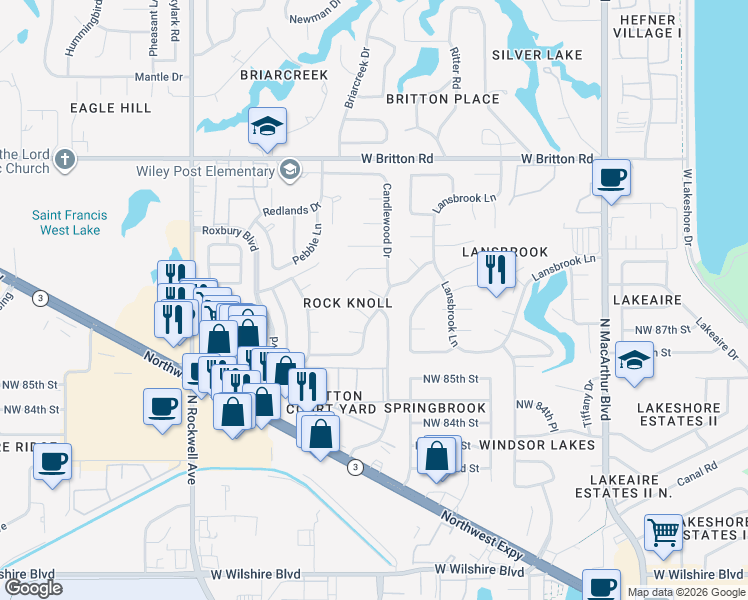 map of restaurants, bars, coffee shops, grocery stores, and more near 6500 Eastwood Circle in Oklahoma City