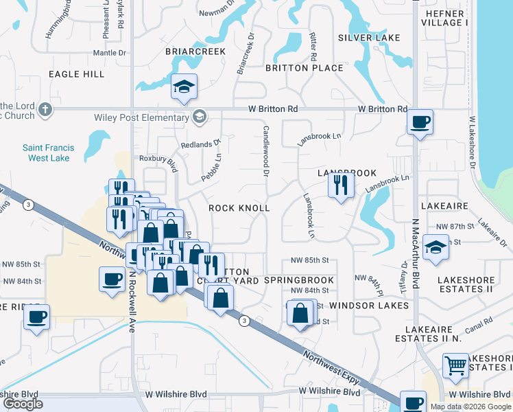 map of restaurants, bars, coffee shops, grocery stores, and more near 6500 Eastwood Circle in Oklahoma City