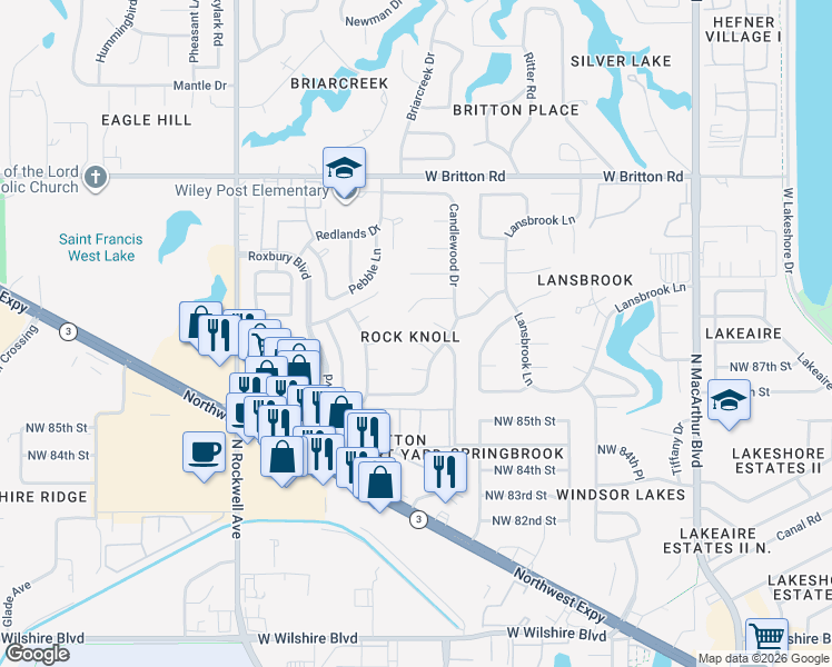 map of restaurants, bars, coffee shops, grocery stores, and more near 6624 Parkwood Lane in Oklahoma City