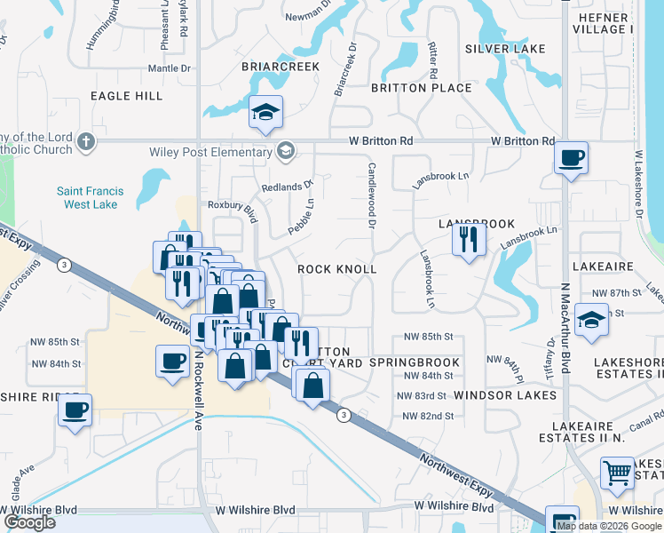 map of restaurants, bars, coffee shops, grocery stores, and more near 6624 Parkwood Lane in Oklahoma City