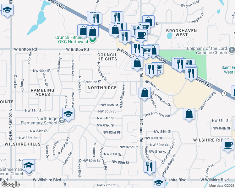 map of restaurants, bars, coffee shops, grocery stores, and more near 8809 North McMillan Avenue in Oklahoma City