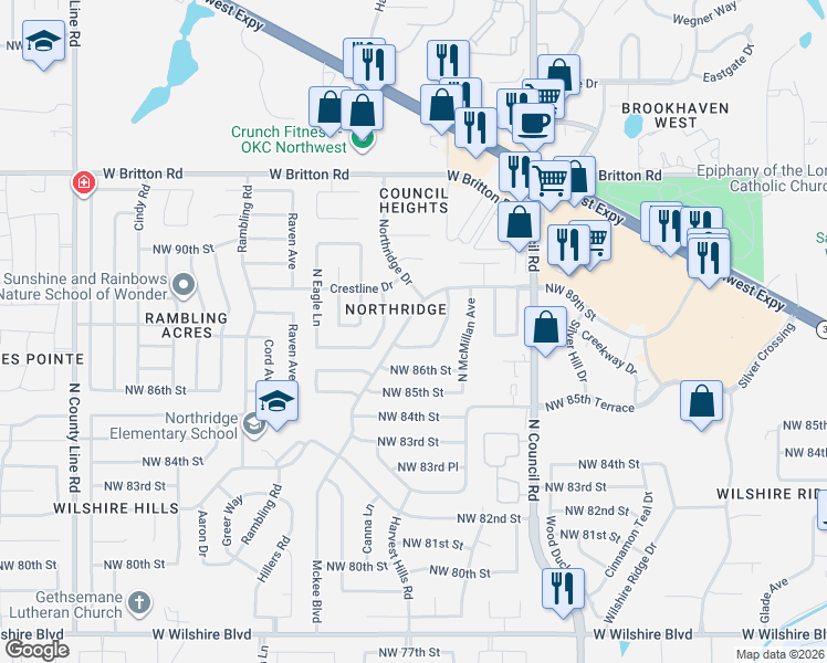 map of restaurants, bars, coffee shops, grocery stores, and more near 8209 Northwest 87th Street in Oklahoma City