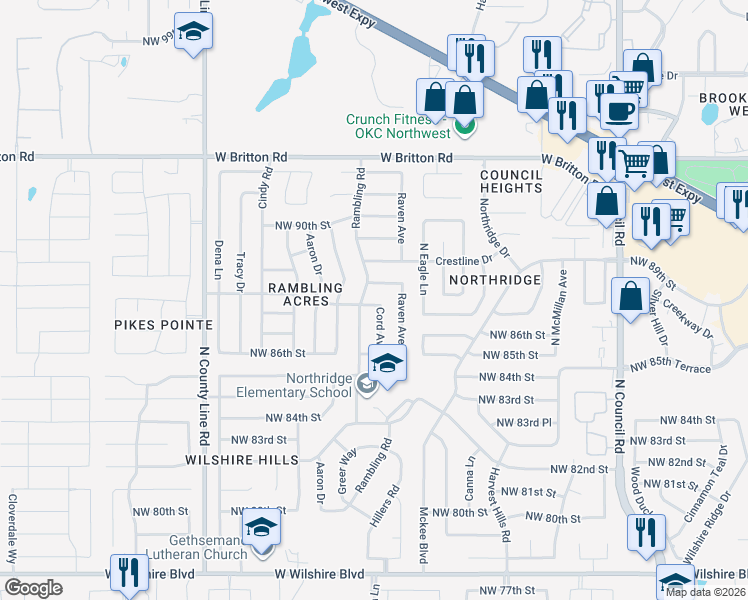 map of restaurants, bars, coffee shops, grocery stores, and more near 8733 Cord Avenue in Oklahoma City