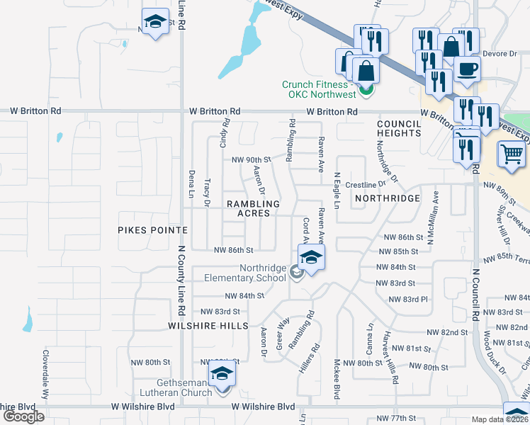 map of restaurants, bars, coffee shops, grocery stores, and more near 8733 Aaron Drive in Oklahoma City
