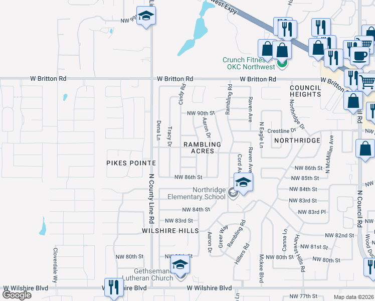 map of restaurants, bars, coffee shops, grocery stores, and more near 8709 Northwest 87th Terrace in Oklahoma City