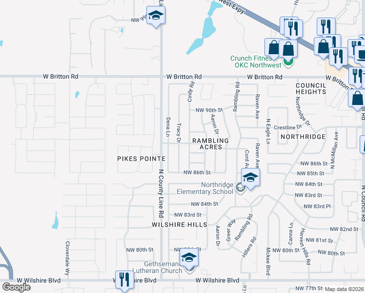 map of restaurants, bars, coffee shops, grocery stores, and more near 8736 Tracy Drive in Oklahoma City