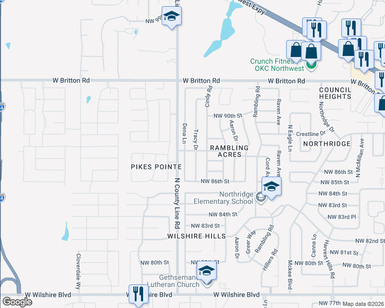 map of restaurants, bars, coffee shops, grocery stores, and more near 8736 Tracy Drive in Oklahoma City