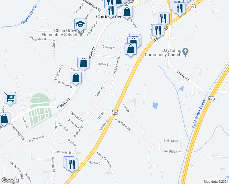 map of restaurants, bars, coffee shops, grocery stores, and more near 605 John Street in China Grove
