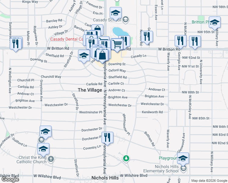 map of restaurants, bars, coffee shops, grocery stores, and more near 1620 Andover Court in The Village