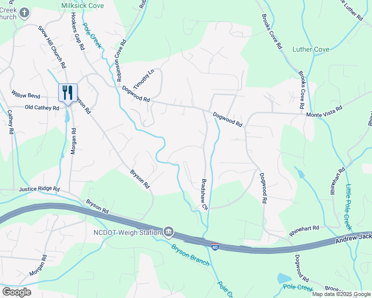 map of restaurants, bars, coffee shops, grocery stores, and more near 19 Misty Mountain Way in Candler