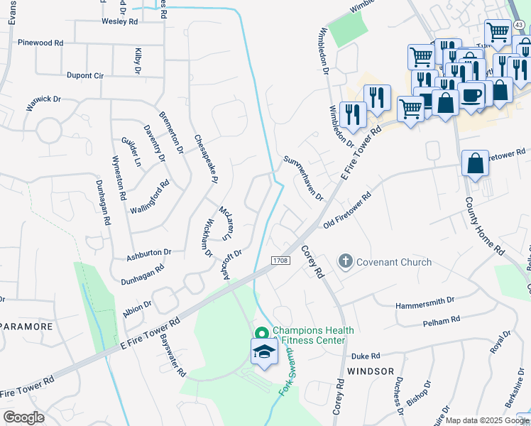 map of restaurants, bars, coffee shops, grocery stores, and more near 3733 Ashcroft Drive in Winterville