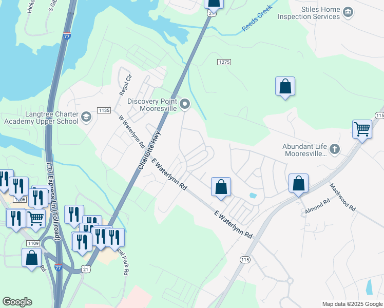 map of restaurants, bars, coffee shops, grocery stores, and more near 107 Leyton Loop in Mooresville