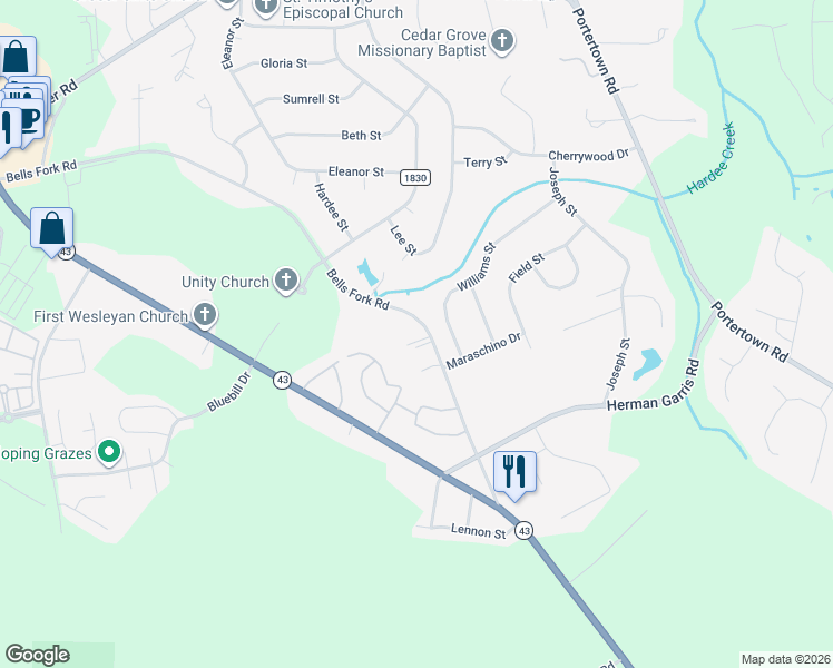 map of restaurants, bars, coffee shops, grocery stores, and more near 2810 Bells Fork Road in Greenville