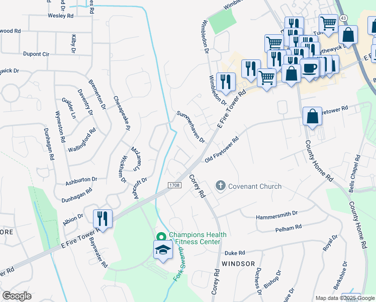 map of restaurants, bars, coffee shops, grocery stores, and more near 1217 East Fire Tower Road in Greenville