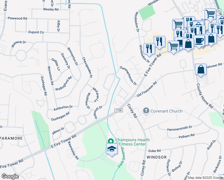 map of restaurants, bars, coffee shops, grocery stores, and more near 3733 Ashcroft Drive in Winterville