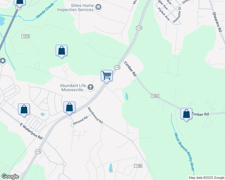map of restaurants, bars, coffee shops, grocery stores, and more near 119 Klutz Road in Mooresville