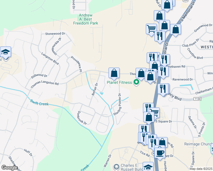 map of restaurants, bars, coffee shops, grocery stores, and more near 3817 East Vancroft Circle in Winterville