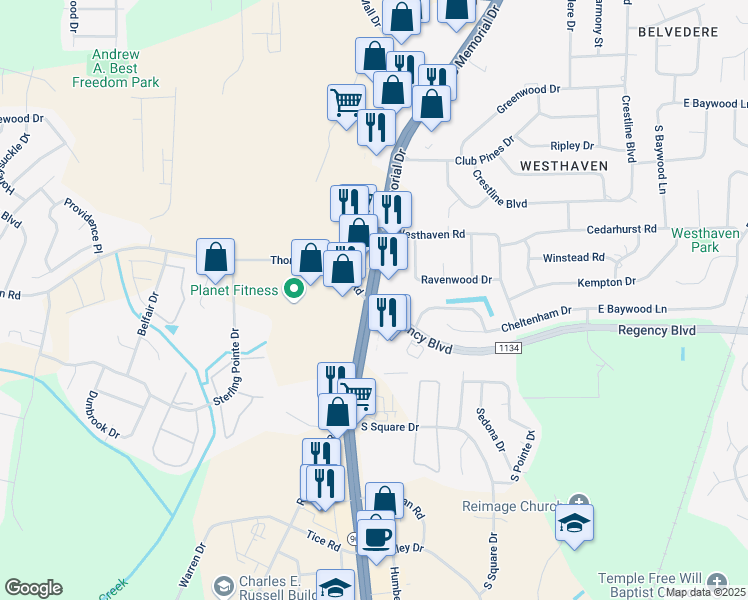 map of restaurants, bars, coffee shops, grocery stores, and more near Regency Blvd in Greenville