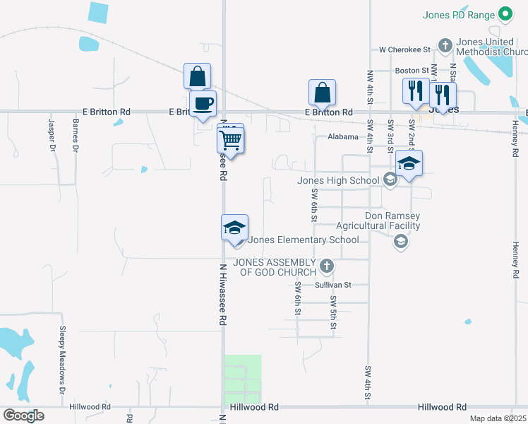 map of restaurants, bars, coffee shops, grocery stores, and more near in Jones