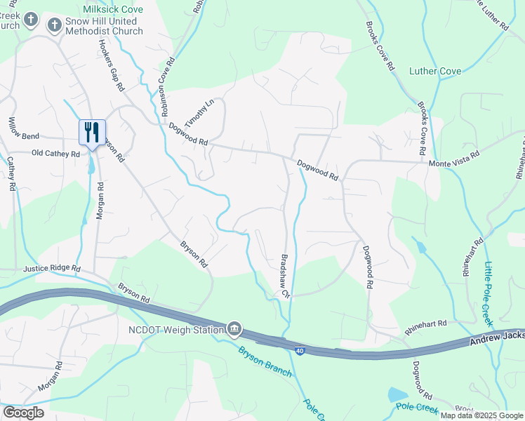 map of restaurants, bars, coffee shops, grocery stores, and more near 19 Misty Mountain Way in Candler
