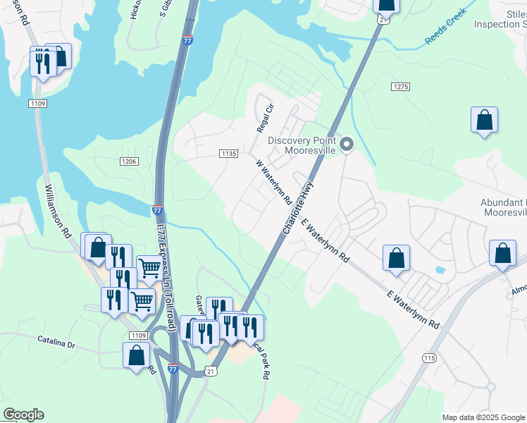 map of restaurants, bars, coffee shops, grocery stores, and more near 115 West Waterlynn Road in Mooresville