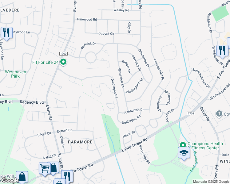 map of restaurants, bars, coffee shops, grocery stores, and more near Dunhagan Road in Greenville