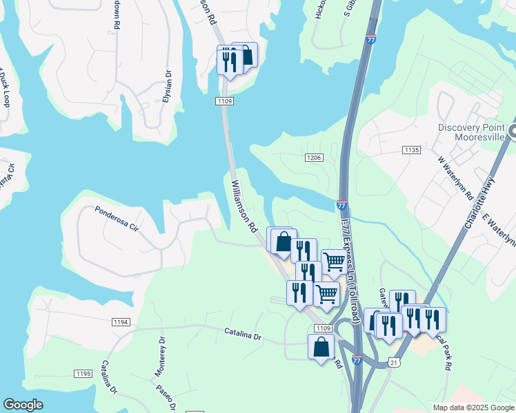map of restaurants, bars, coffee shops, grocery stores, and more near 107 Pier 33 Drive in Mooresville