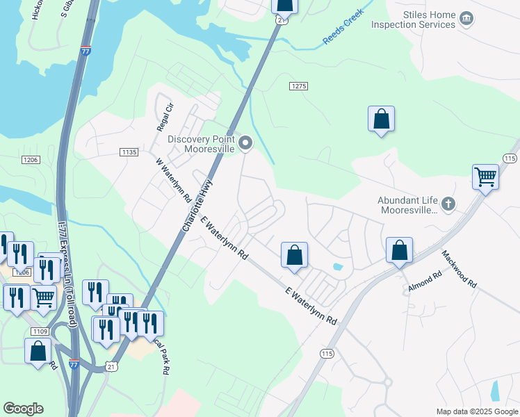 map of restaurants, bars, coffee shops, grocery stores, and more near 115 Leyton Loop in Mooresville