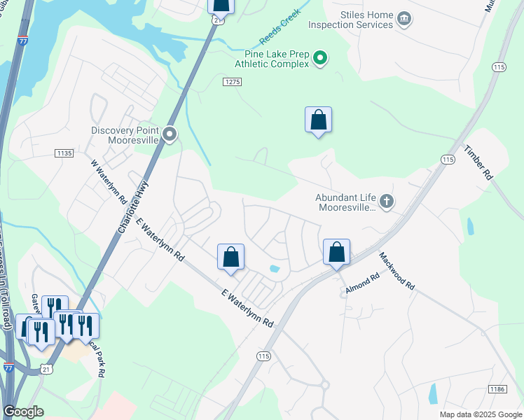 map of restaurants, bars, coffee shops, grocery stores, and more near 115 Edenton Lane in Mooresville