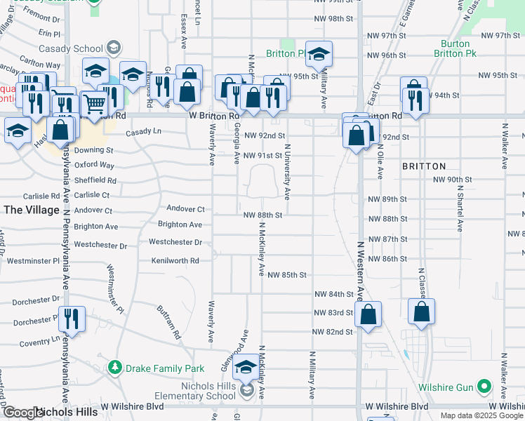 map of restaurants, bars, coffee shops, grocery stores, and more near 1400 Northwest 88th Street in Oklahoma City