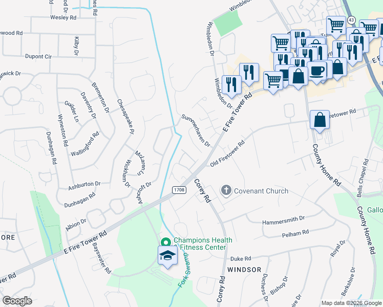 map of restaurants, bars, coffee shops, grocery stores, and more near 1217 East Fire Tower Road in Greenville