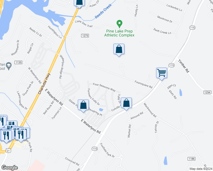 map of restaurants, bars, coffee shops, grocery stores, and more near 124 Four Seasons Way in Mooresville
