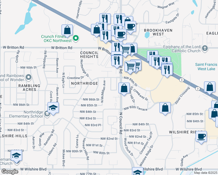 map of restaurants, bars, coffee shops, grocery stores, and more near 8018 Northwest 87th Street in Oklahoma City